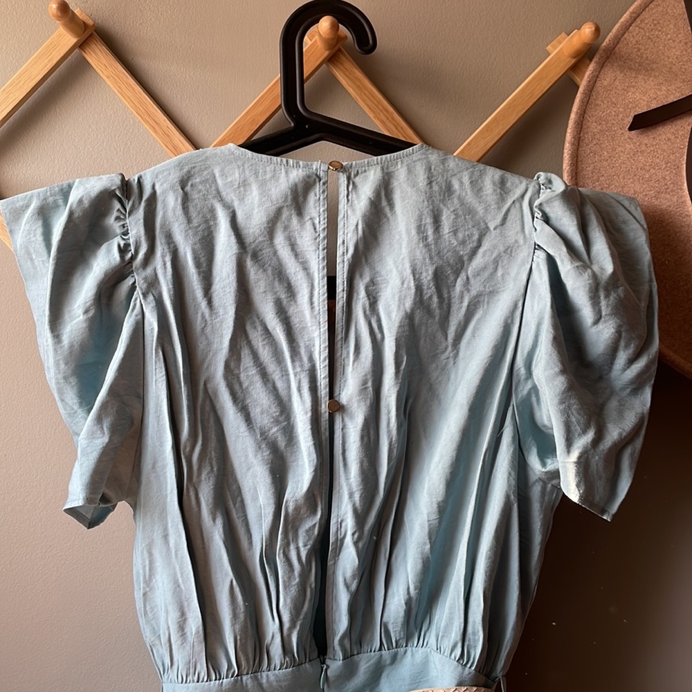 Zara NWOT Puff Sleeve Blue Belted Jumpsuit - Picture 14 of 16